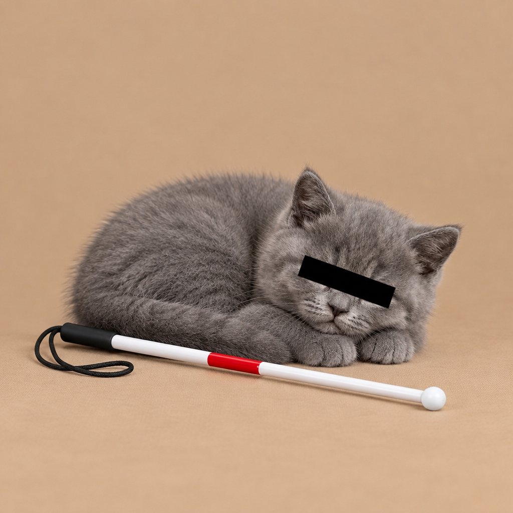 The kitten curled up asleep next to its cane