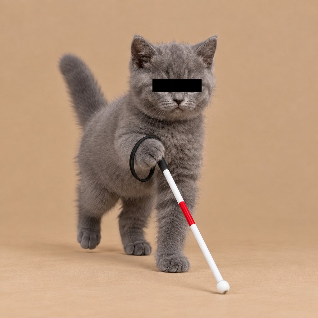The kitten walking forward, tapping its white cane